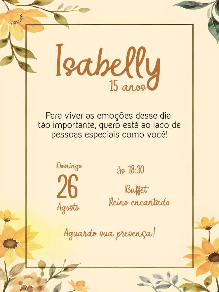 Convite 15 Anos Girassol Laranja – tema 15 anos floral, vibrante, moderno, alegre, colorido