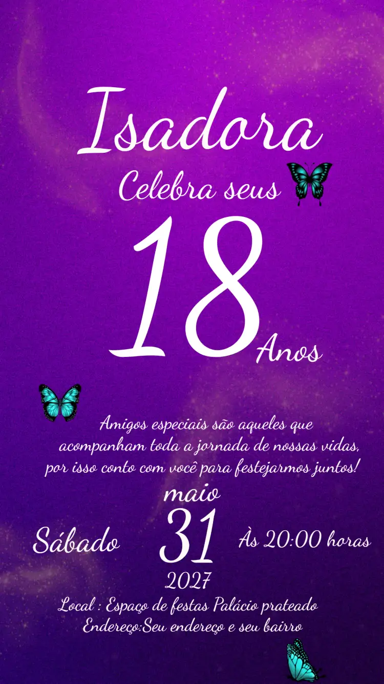 Convite 15 Anos Glitter – tema 15 anos glitter, roxo, lilás, borboletas, festa moderna, elegante