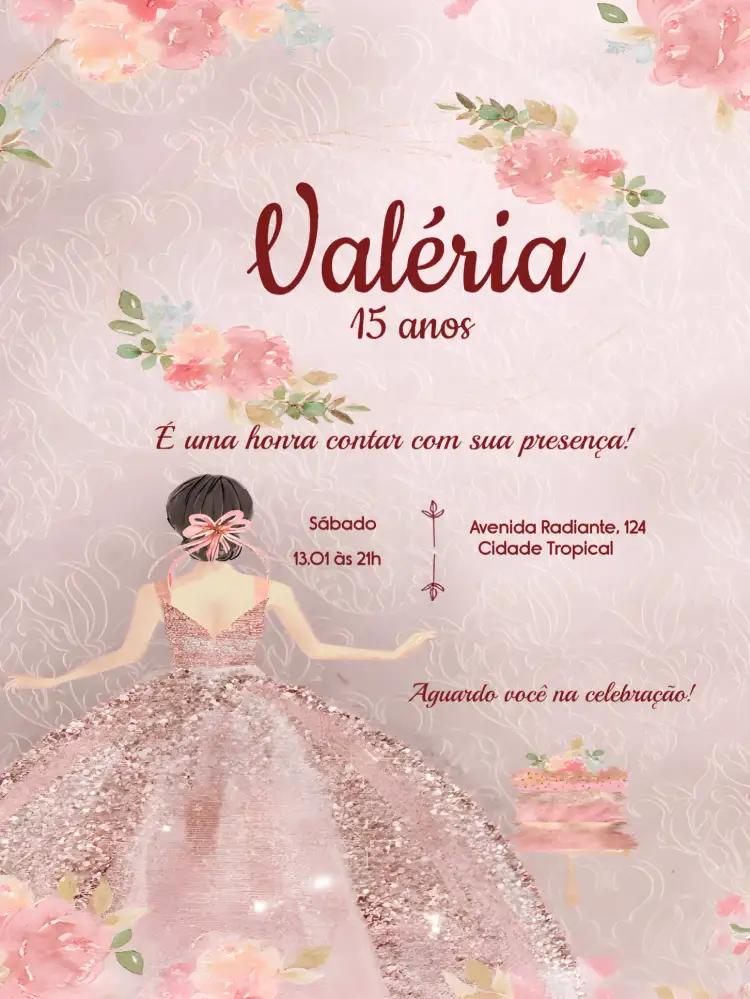 Convite 15 Anos Glitter Borboleta – tema 15 anos rosa, glitter, borboleta, delicado, moderno, princesa