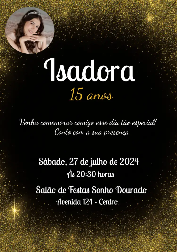 Convite 15 Anos Glitter Com Foto Menina – tema 15 anos glitter, luxuoso, lilás, preto, dourado, moderno