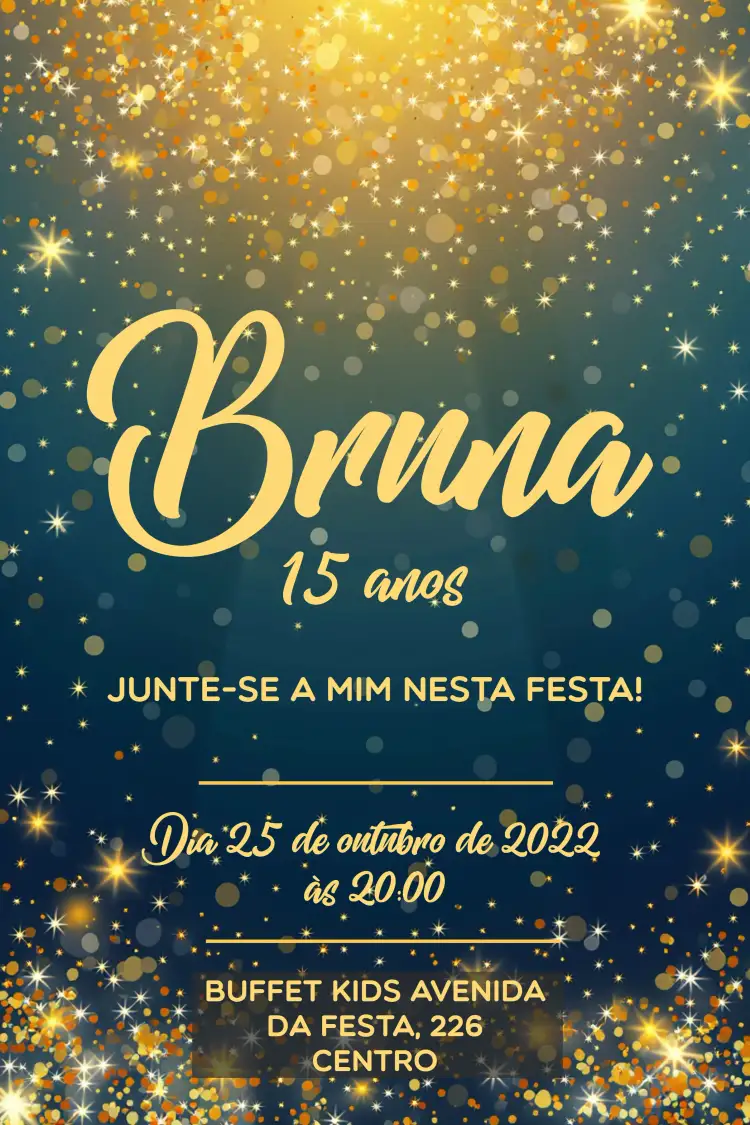 Convite 15 Anos Glitter Dourado – tema 15 anos brilho, dourado, azul marinho, moderno, elegante, festivo