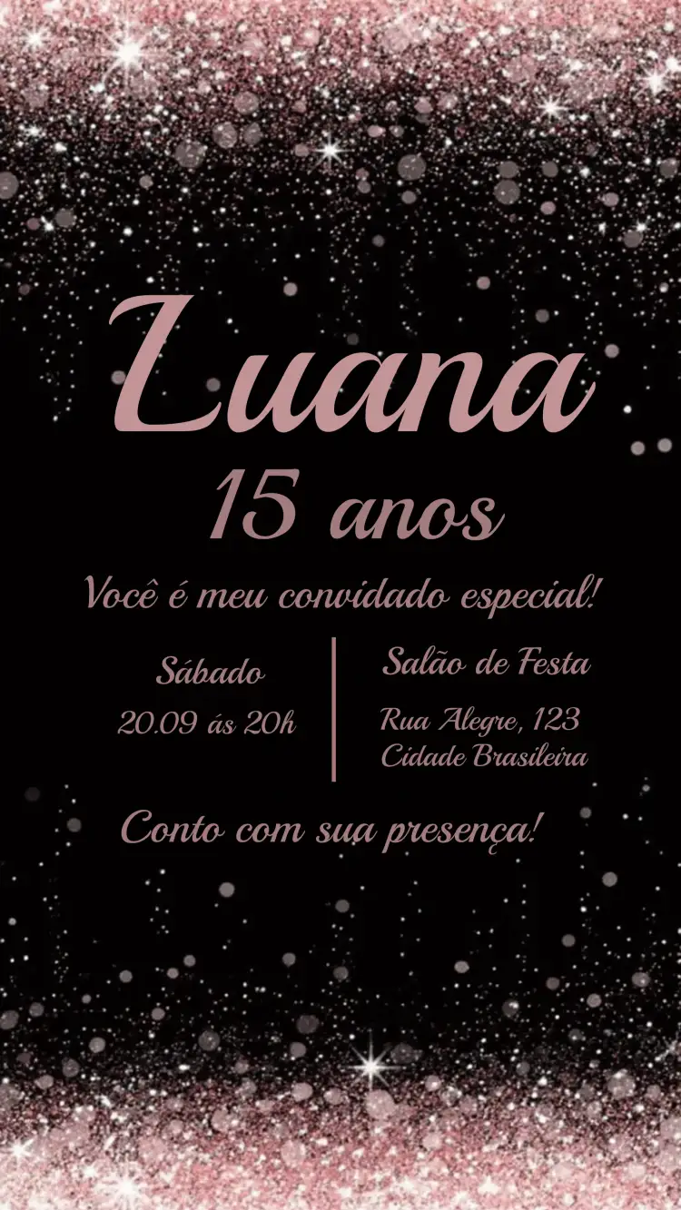 Convite 15 Anos Glitter Dourado – tema 15 anos glitter, dourado, preto, elegante, moderno, sophisticated