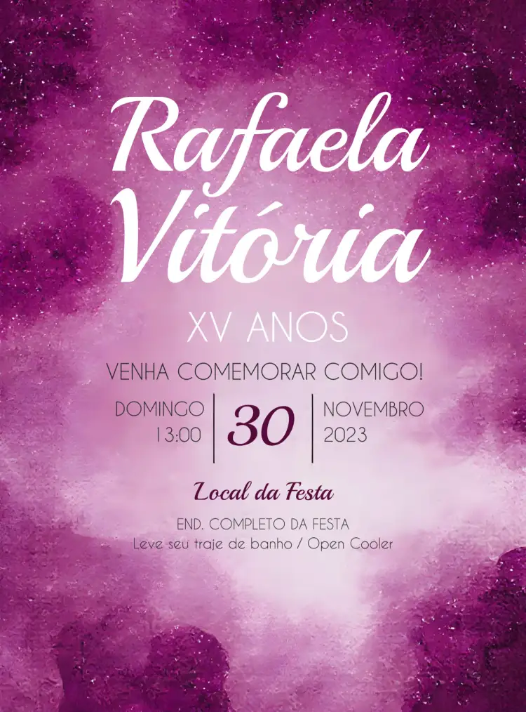 Convite 15 Anos Glitter Elegante – tema 15 anos glitter, elegante, roxo, moderno, aquarela, luxuoso