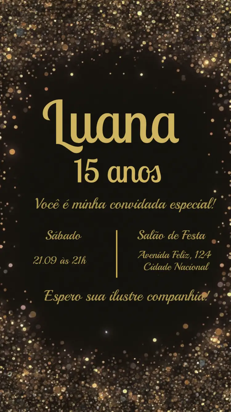 Convite 15 Anos Glitter Elegante – tema 15 anos glitter, dourado, preto, elegante, moderno, sofisticado