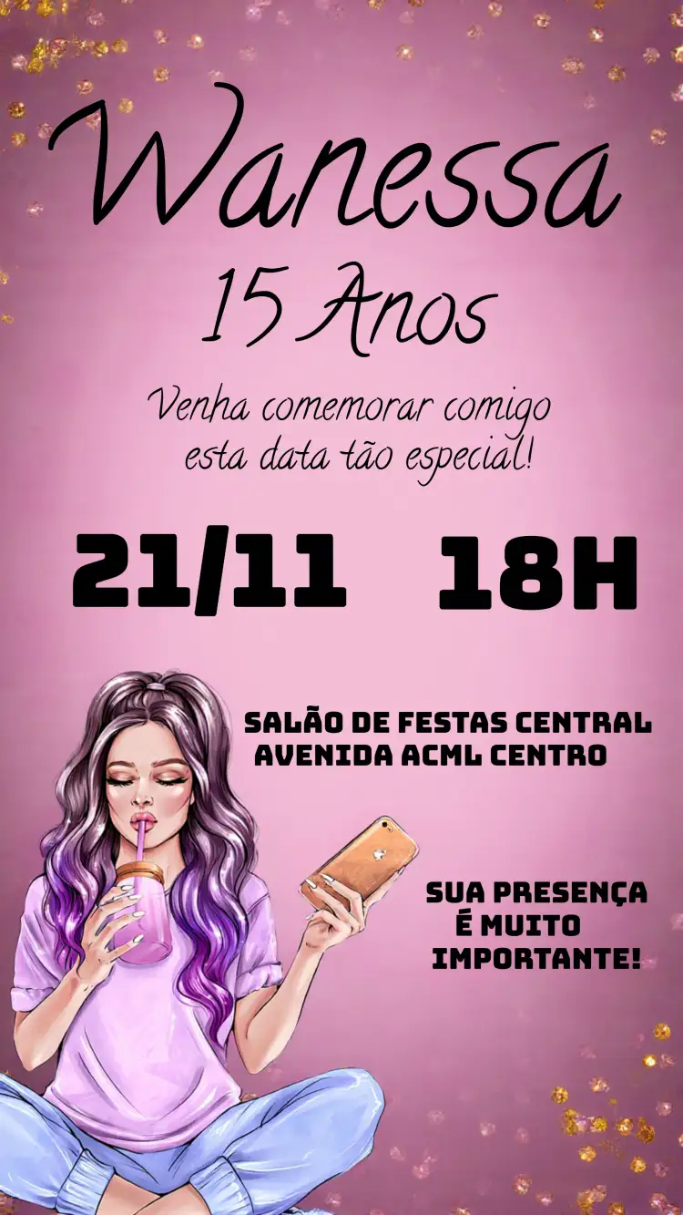 Convite 15 Anos Glitter Iphone – tema 15 anos glitter, moderno, rosa, lilás, feminino, elegante