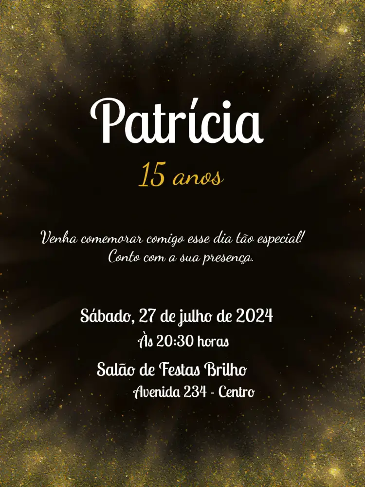Convite 15 Anos Glitter Preto – tema Aniversário glitter, luxuoso, moderno, preto e dourado, festa elegante, design sofisticado