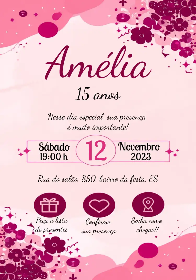 Convite 15 Anos Glitter Preto – tema 15 anos glitter, preto, moderno, elegante, rosa, branco