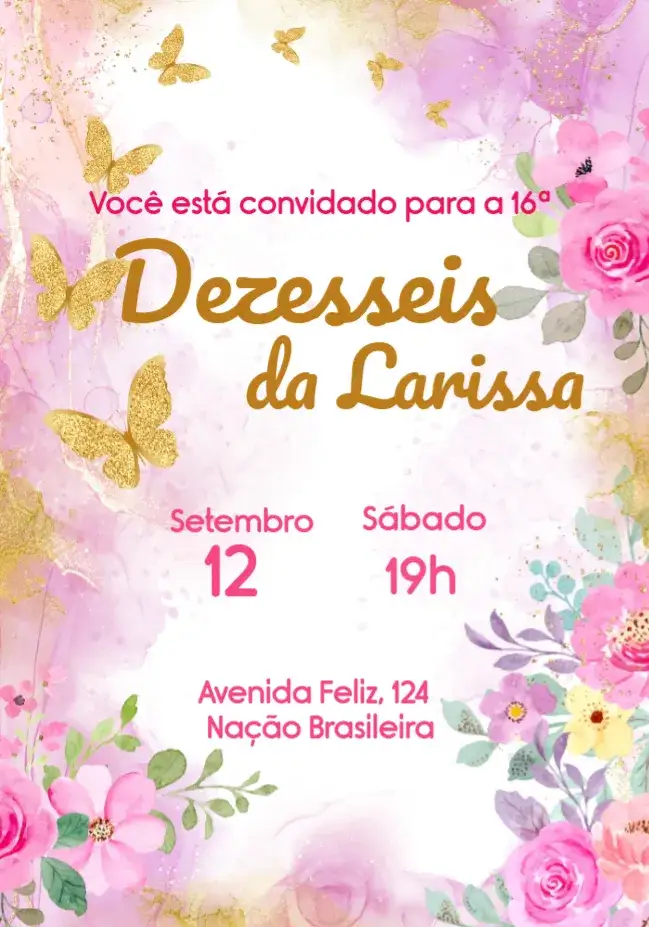 Convite 15 Anos Jardim Das Borboletas Flores – tema 15 anos floral, romântico, dourado, elegante, moderno, delicado