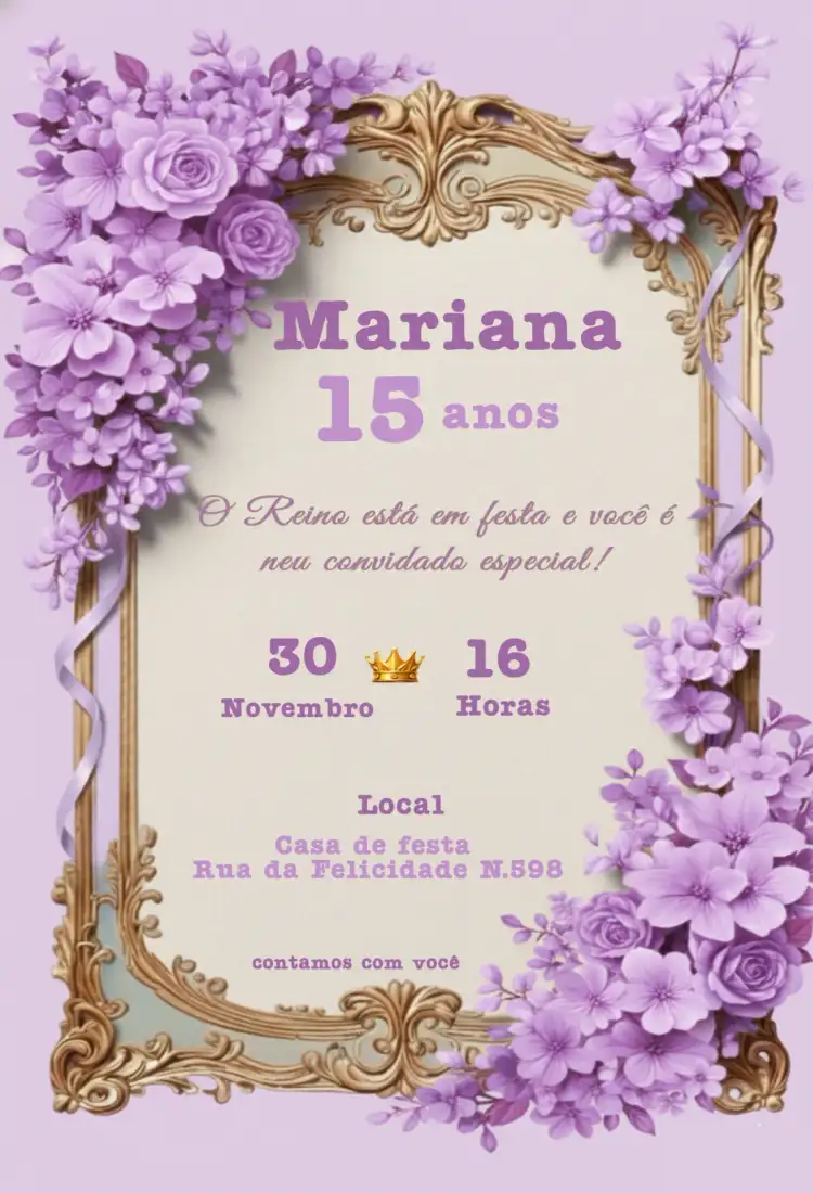 15 anos Lilás com Flores e Moldura Dourada