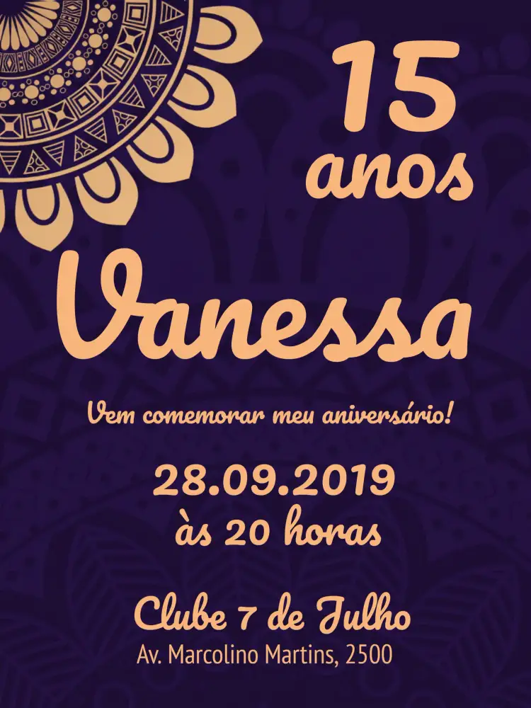 Convite 15 Anos Mandalas Marrom – tema 15 anos mandala, boho, marrom, roxo, moderno, elegante
