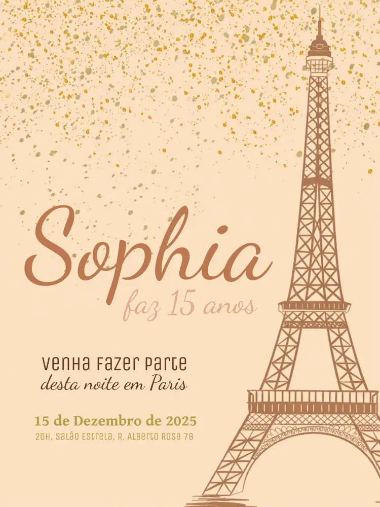 Convite 15 Anos Paris Eiffel – tema 15 anos romântico, elegante, moderno, minimalista, dourado, clássico
