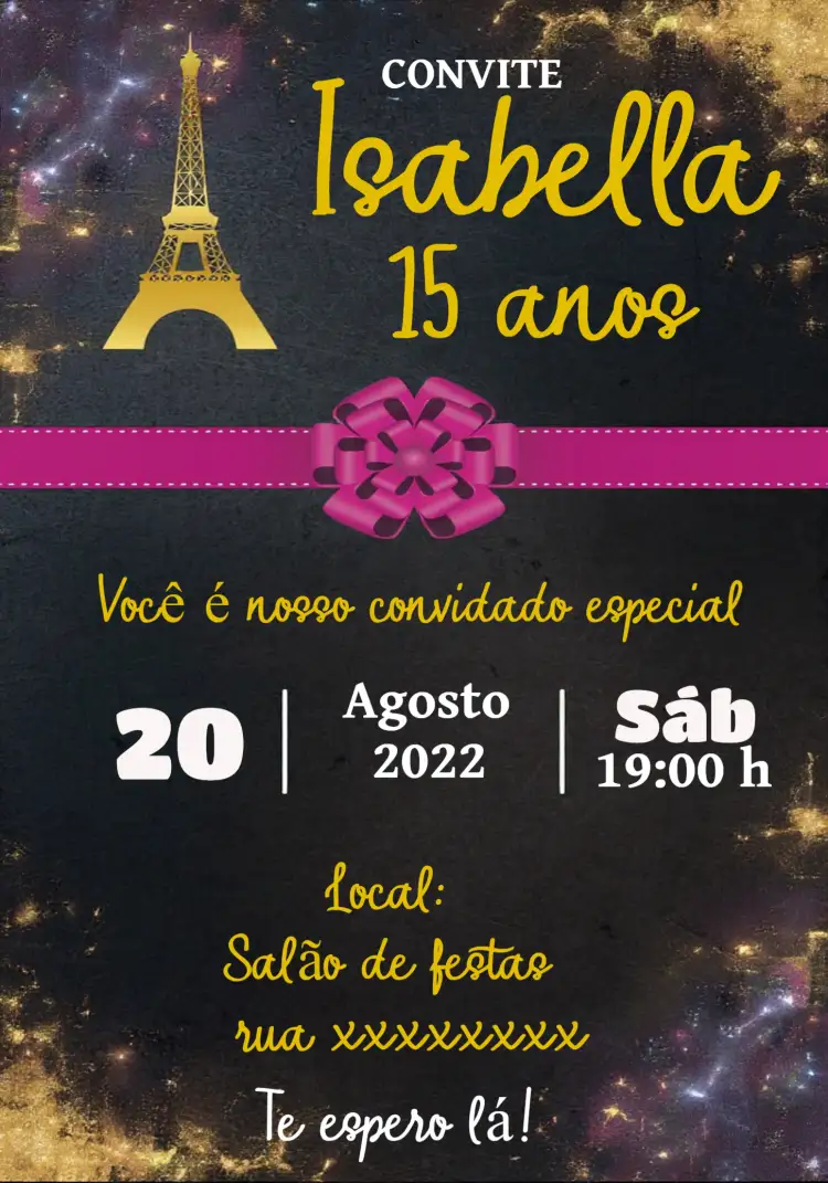 Convite 15 Anos Paris Preto – tema 15 anos preto e dourado, moderno, elegante, chic, minimalista