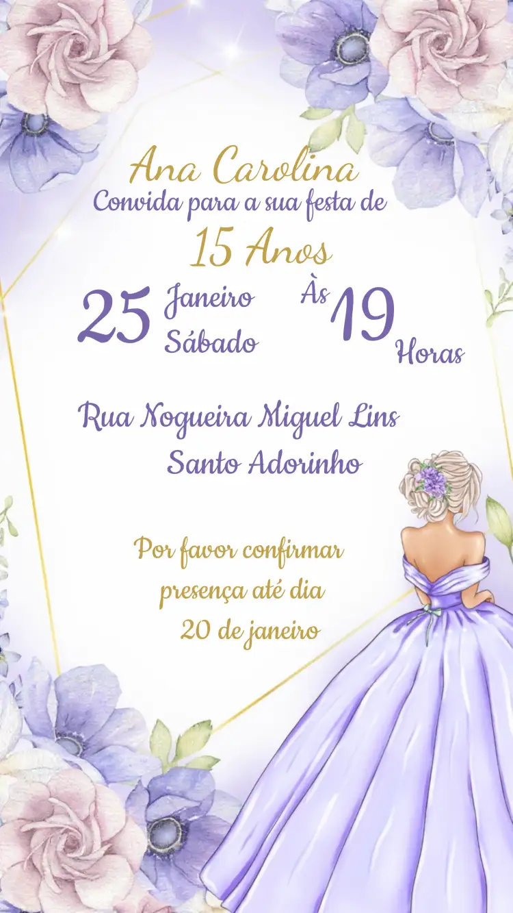 Convite 15 Anos Princesa – tema 15 anos floral, lilás, elegante, princesa, romântico, moderno