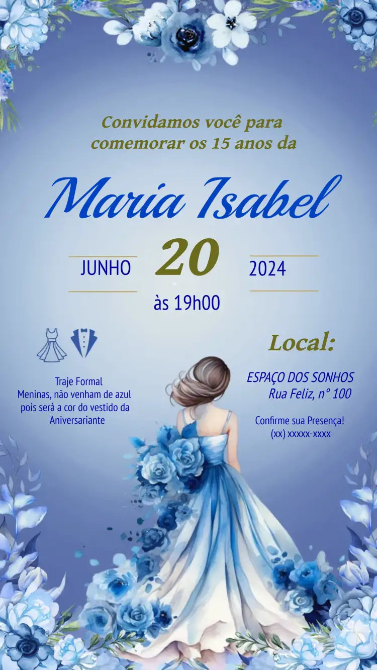 Convite 15 Anos Princesa Azul – tema 15 anos azul, dourado, princesa, elegante, romântico, mágico
