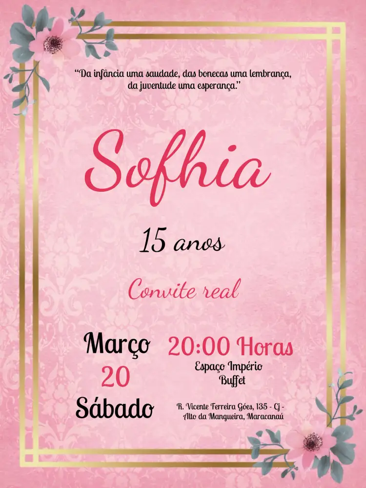 Convite 15 Anos Princesa Flores – tema 15 anos floral, elegante, romântico, moderno, dourado, rosa