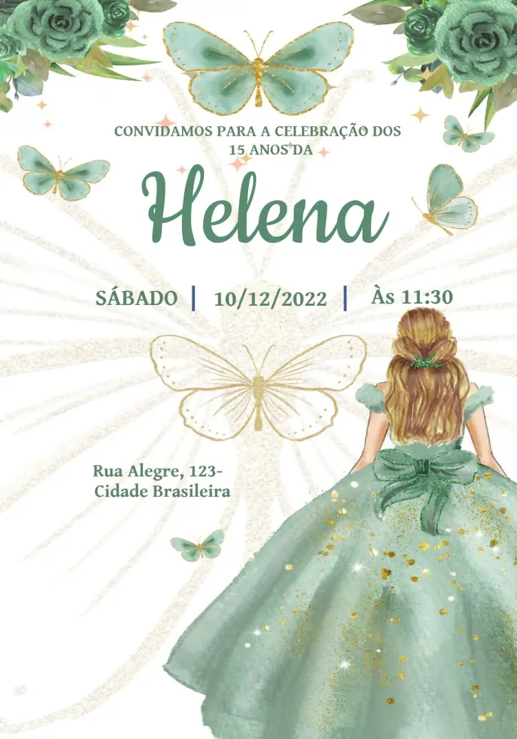 Convite 15 Anos Princesa Gliiter Glitter – tema 15 anos glitter, luxo, verde, dourado, princesa, feminino