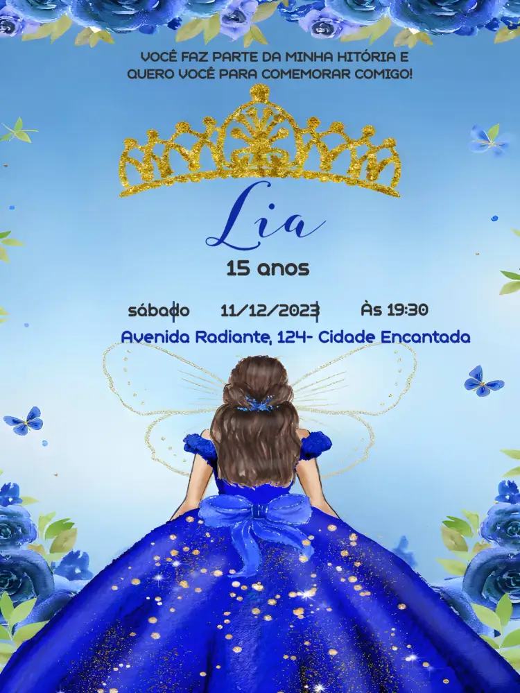 Convite 15 Anos Princesa Glitter Borboleta – tema 15 anos glitter, azul, princesa, borboleta, feminino, festivo