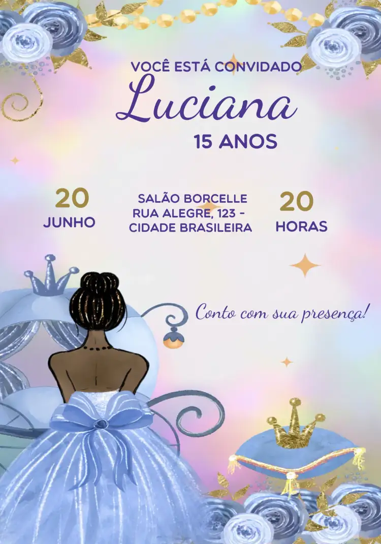Convite 15 Anos Princesa Negra Glitter – tema 15 anos glitter, elegante, moderno, cultural, sofisticado