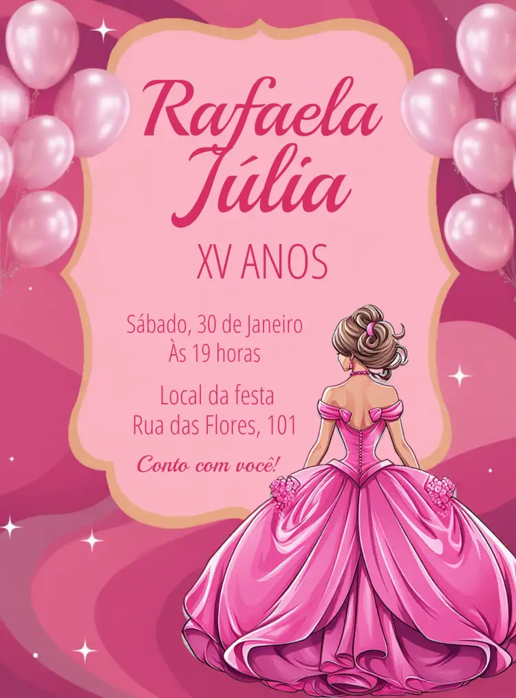 Convite 15 Anos Princesa Rosa – tema 15 anos rosa, princesa, delicado, feminino, magia, sonho