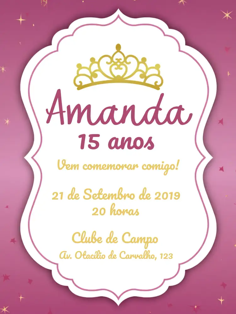 Convite 15 Anos - Reinado Rosa Realeza – tema 15 anos rosa, dourado, realeza, glitter, elegante, feminino