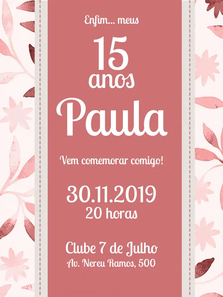 Convite 15 Anos Rosa Aquarela Folhagens – tema 15 anos rosa, aquarela, folhagens, delicado, elegante, moderno