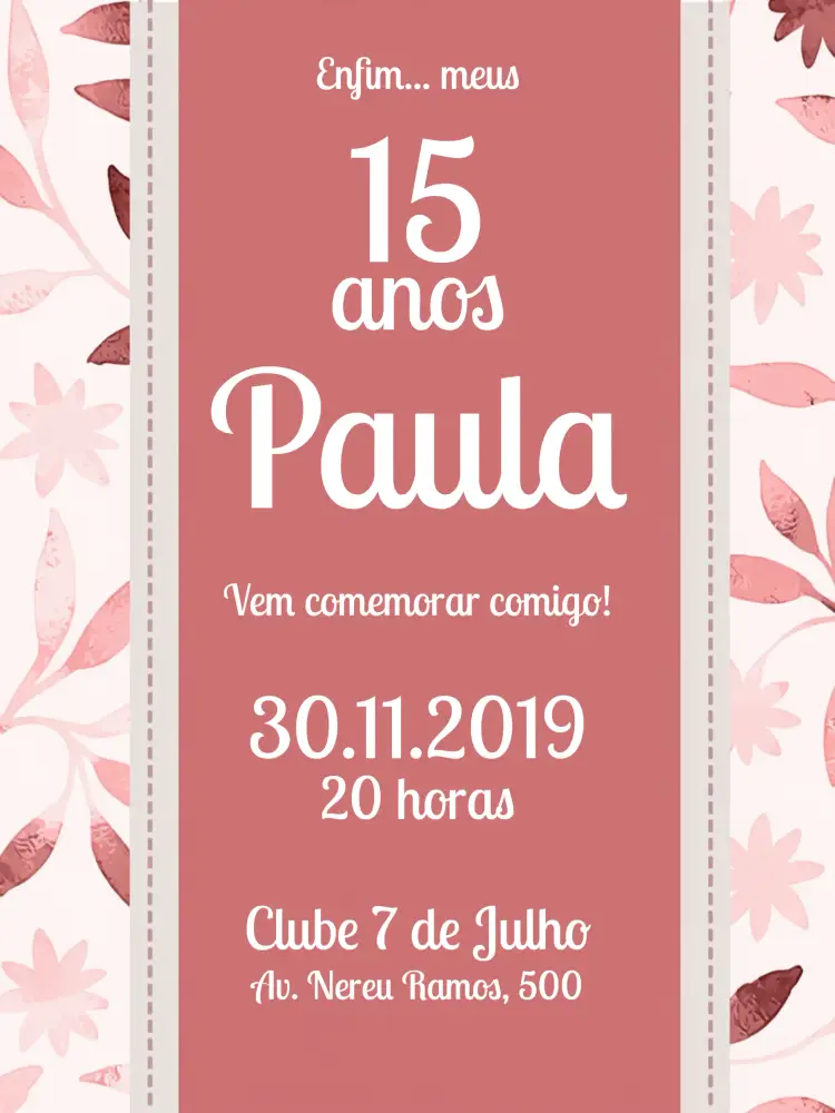 Convite 15 Anos Rosa Aquarela Folhagens