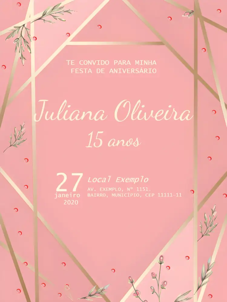 Convite 15 Anos Rosa E Dourado – tema 15 anos rosa, dourado, elegante, moderno, feminino