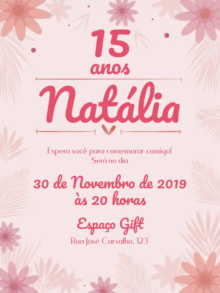 Convite 15 Anos - Rosa Floral Menina – tema 15 anos floral, rosa, delicado, feminino, elegante