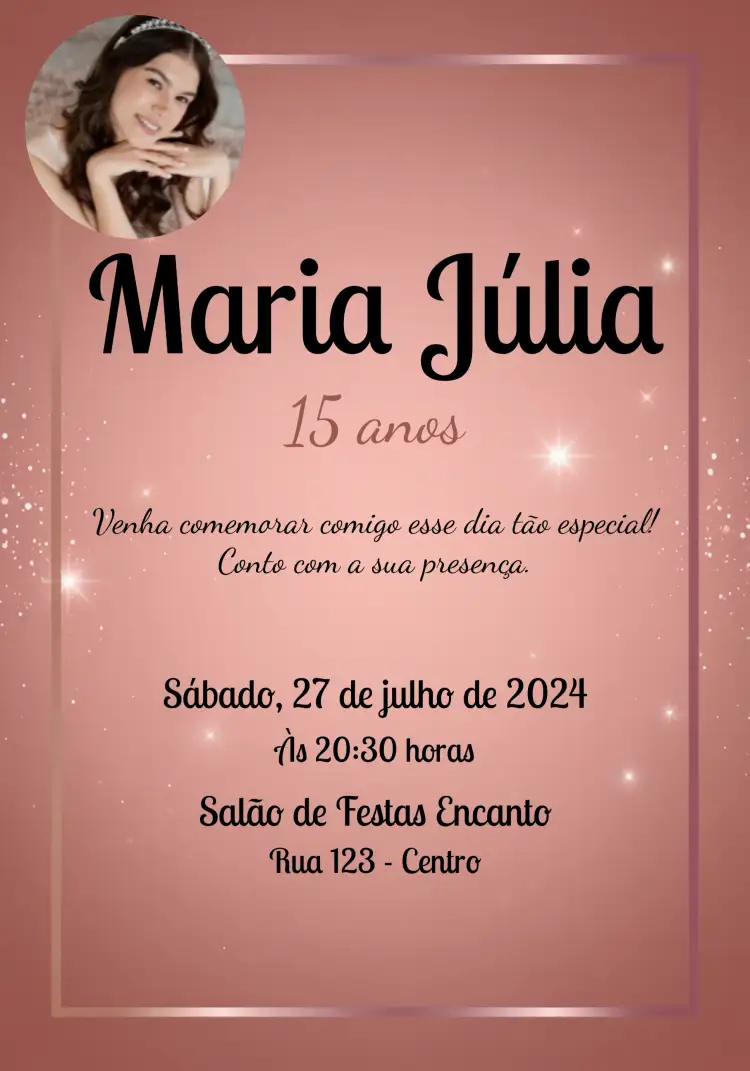 Convite 15 Anos Rosê Com Foto Adulto – tema Aniversário rosa, glitter, elegante, moderno, glamouroso, feminino