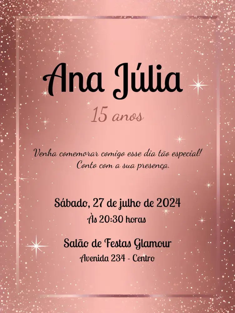 Convite 15 Anos Rosê Festa – tema Aniversário rosê, glitter, elegante, moderno, feminino
