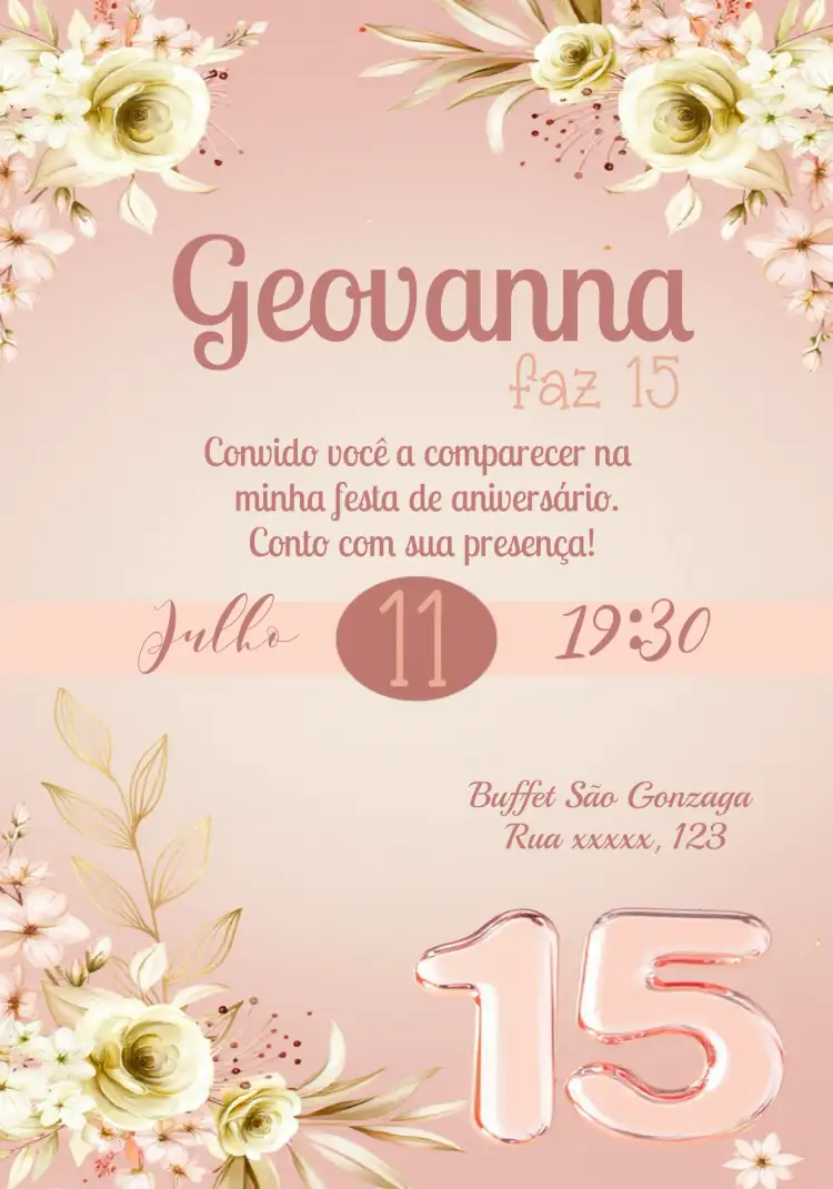 Convite 15 Anos Rosê Gold Preto – tema 15 anos elegante, moderno, luxuoso, rosê, dourado, preto
