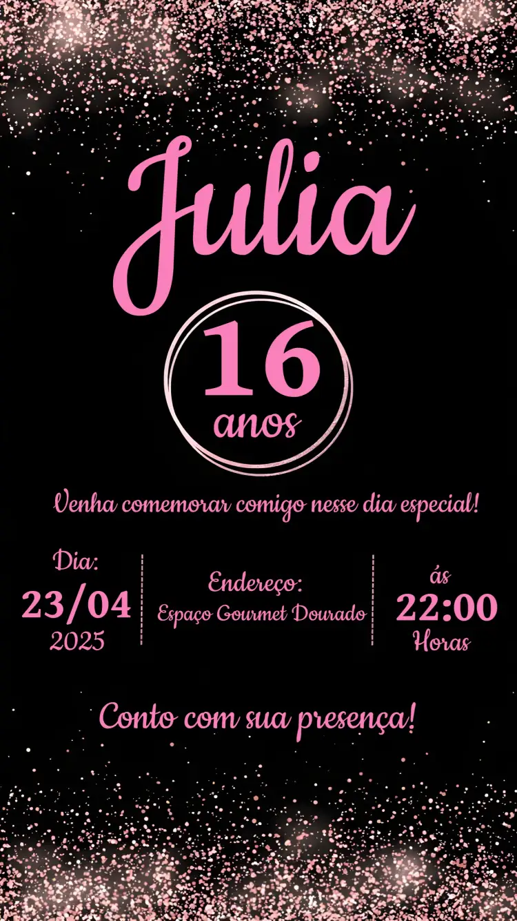Convite 15 Anos Rosê Gold Preto – tema 15 anos rosê, dourado, preto, glitter, luxuoso, elegante