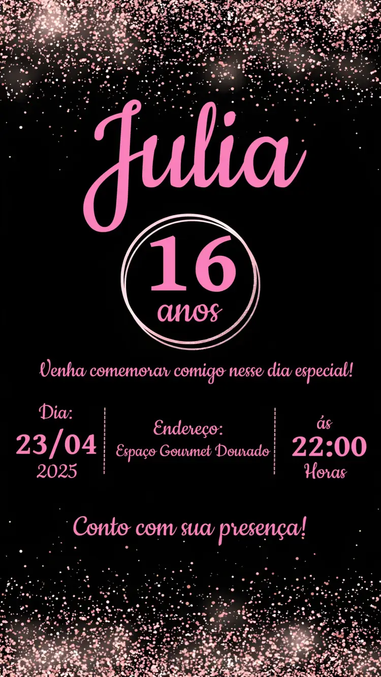 Convite 15 Anos Rosê Gold Preto editável e personalizável