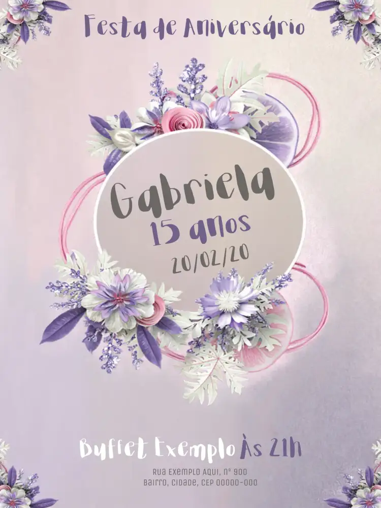 Convite 15 Anos Roxo – tema 15 anos floral, elegante, moderno, roxo, lilás, romântico