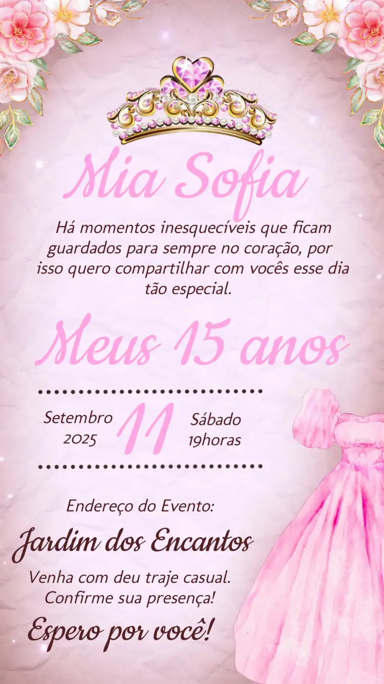 Convite 15 Anos Vestido – tema 15 anos rosa, delicado, aquarela, elegante, feminino