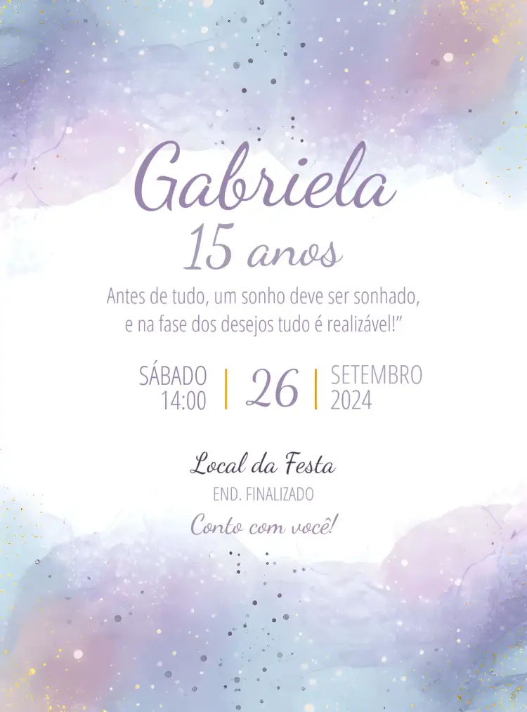 Convite 15 Glitter Roxo – tema 15 anos glitter, roxo, branco, lilás, moderno, elegante