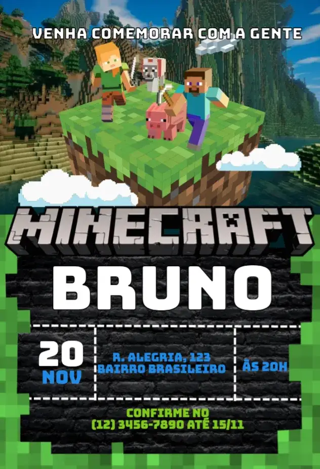 Convite Minecraft – tema Aniversário Infantil colorido, pixelado, aventura, jogos, fantasia