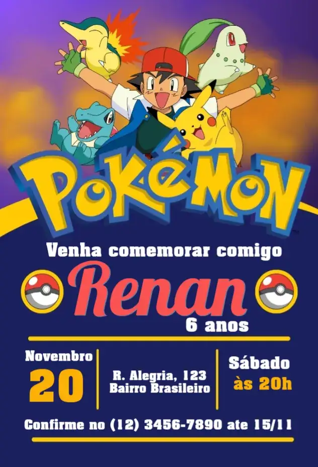 Convite Pokemon – tema Aniversário Infantil colorido, divertido, moderno, ilustrativo, temático, lúdico
