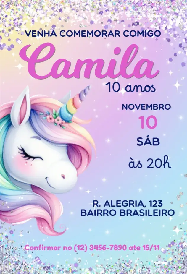 Convite Unicórnio – tema Aniversário Infantil cores pastel, glitter, fantasia, ilustrações lúdicas, estilo divertido, elementos mágicos