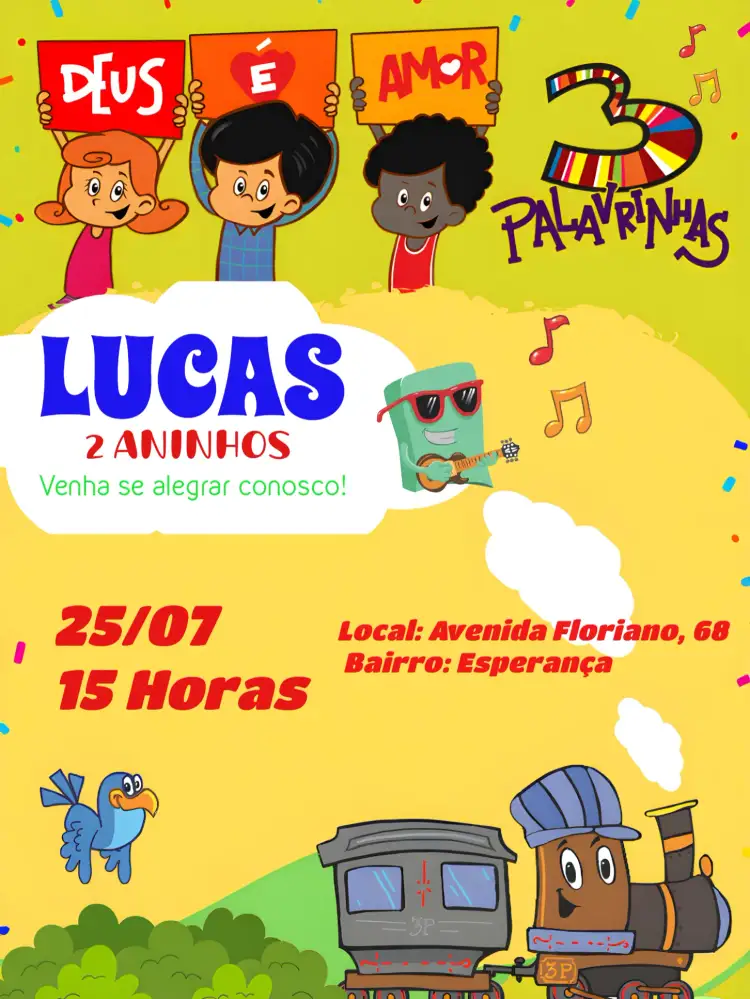 Convite 3 Palavrinhas 1 – tema Datas Comemorativas colorido, lúdico, infantil, moderno, divertido, alegre