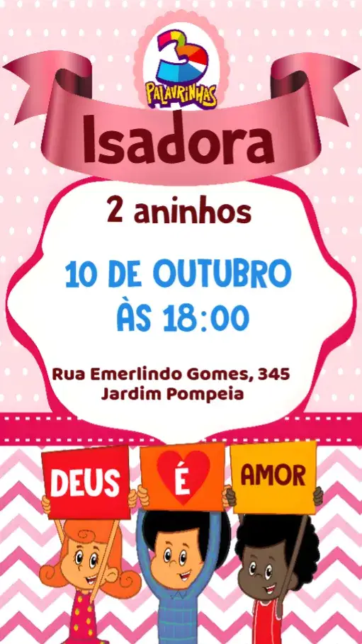 Convite 3 Palavrinhas – tema Aniversário Infantil colorido, lúdico, divertido, infantil, alegre, moderno