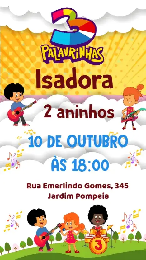 Convite 3 Palavrinhas – tema Aniversário Infantil colorido, divertido, lúdico, alegre, infantil