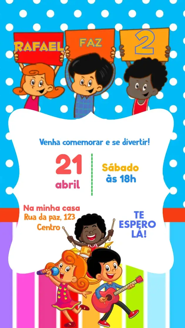 Convite 3 palavrinhas – tema Aniversário Infantil colorido, gospel, infantil, divertido, musical