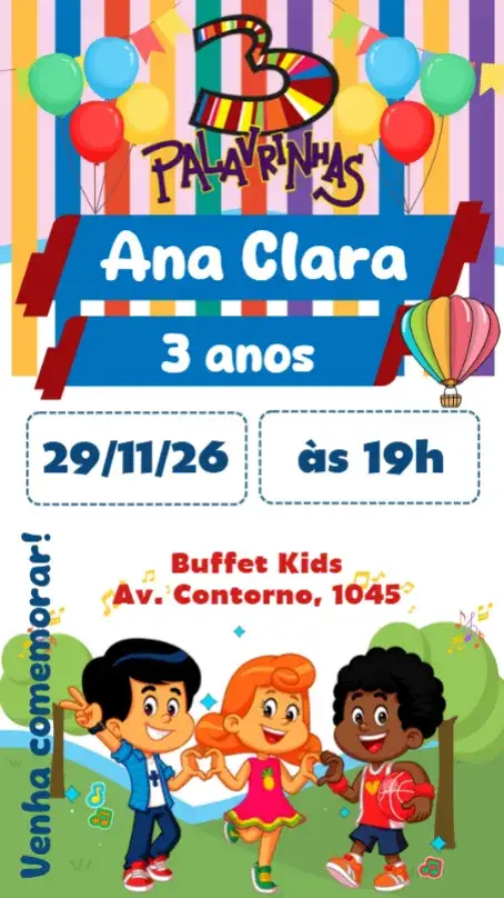 Invitación 3 Palavrinhas – tema Aniversário Infantil colorido, lúdico, divertido, moderno, infantil, brincalhão