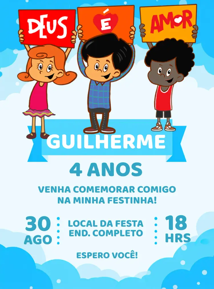 Convite 3 Palavrinhas Deus É Amor Azul – tema Mais pesquisados azul, lúdico, religioso, infantil, colorido, divertido