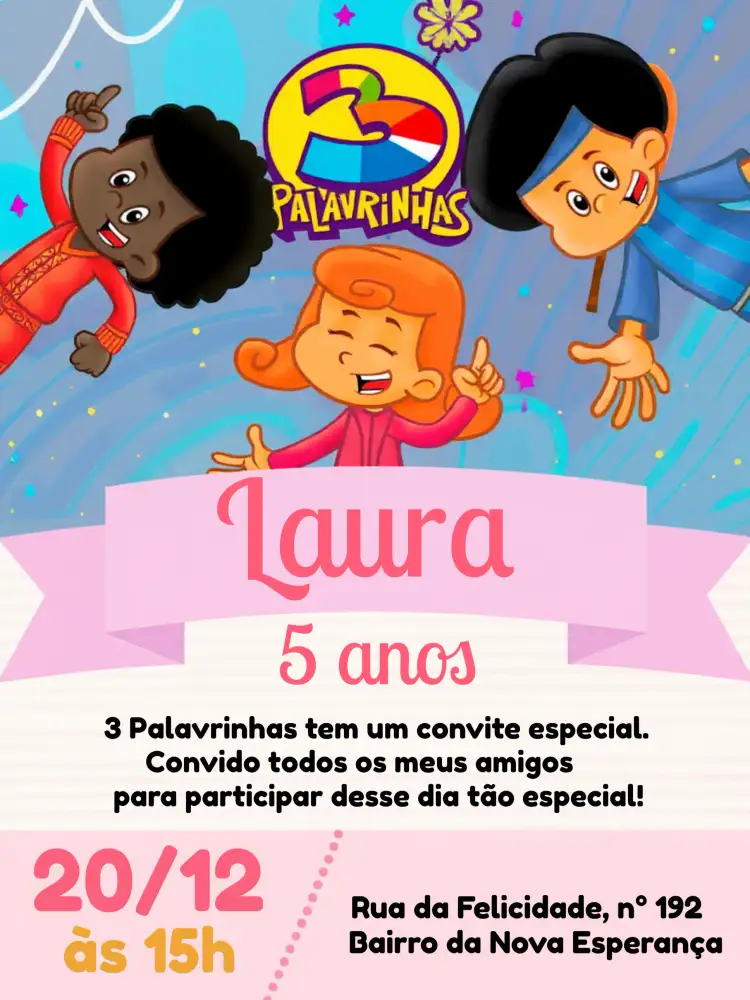 Convite 3 Palavrinhas Rosa – tema Mais pesquisados rosa, branco, cinza, moderno, infantil, divertido