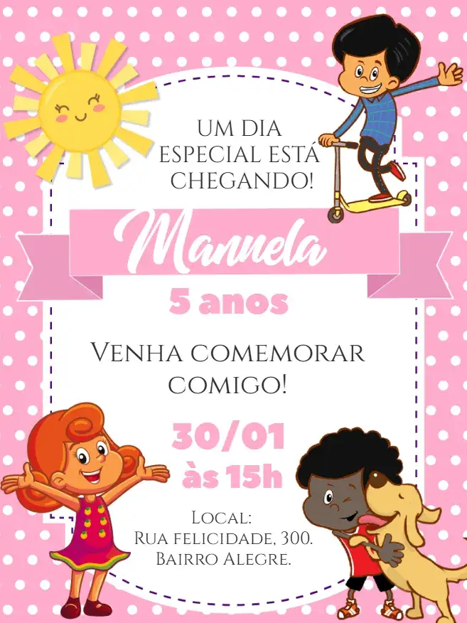 Convite Convite digital 3 Palavrinhas Rosa Infantil – tema Mais pesquisados rosa, gospel, infantil, divertido, colorido, lúdico
