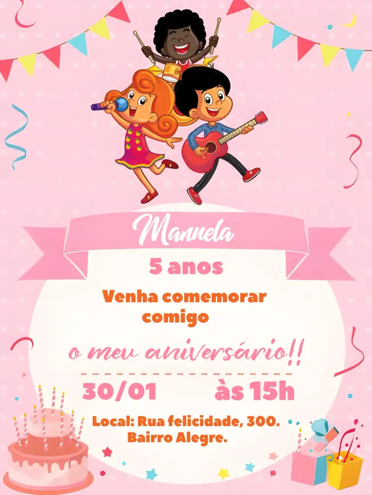 Convite 3 Palavrinhas Rosa Infantil – tema Mais pesquisados rosa, gospel, infantil, divertido, colorido, lúdico
