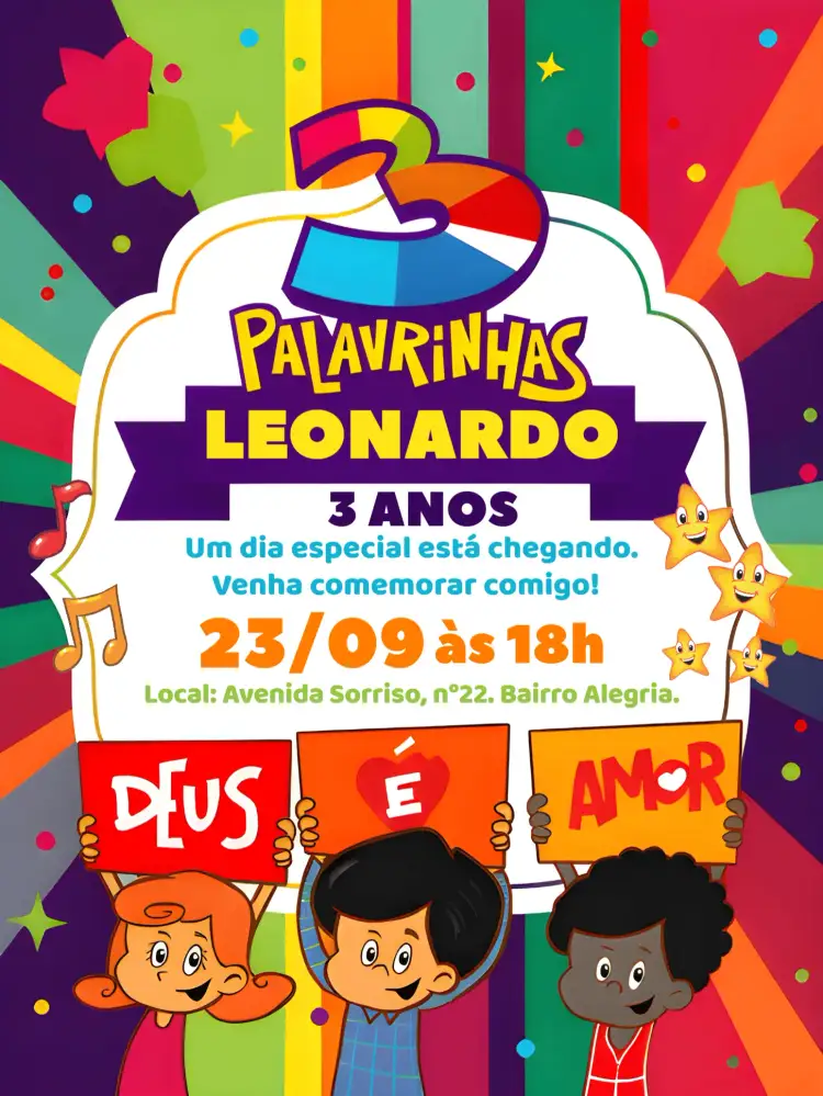 Convite 3 Palavrinhas Três – tema Mais pesquisados colorido, infantil, evangélico, divertido, moderno, alegre
