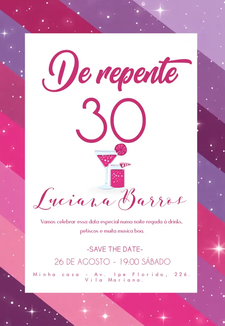 Convite 30 Anos Drinks Trintei – tema 15 anos rosa, glitter, discoteca, Y2K, moderno